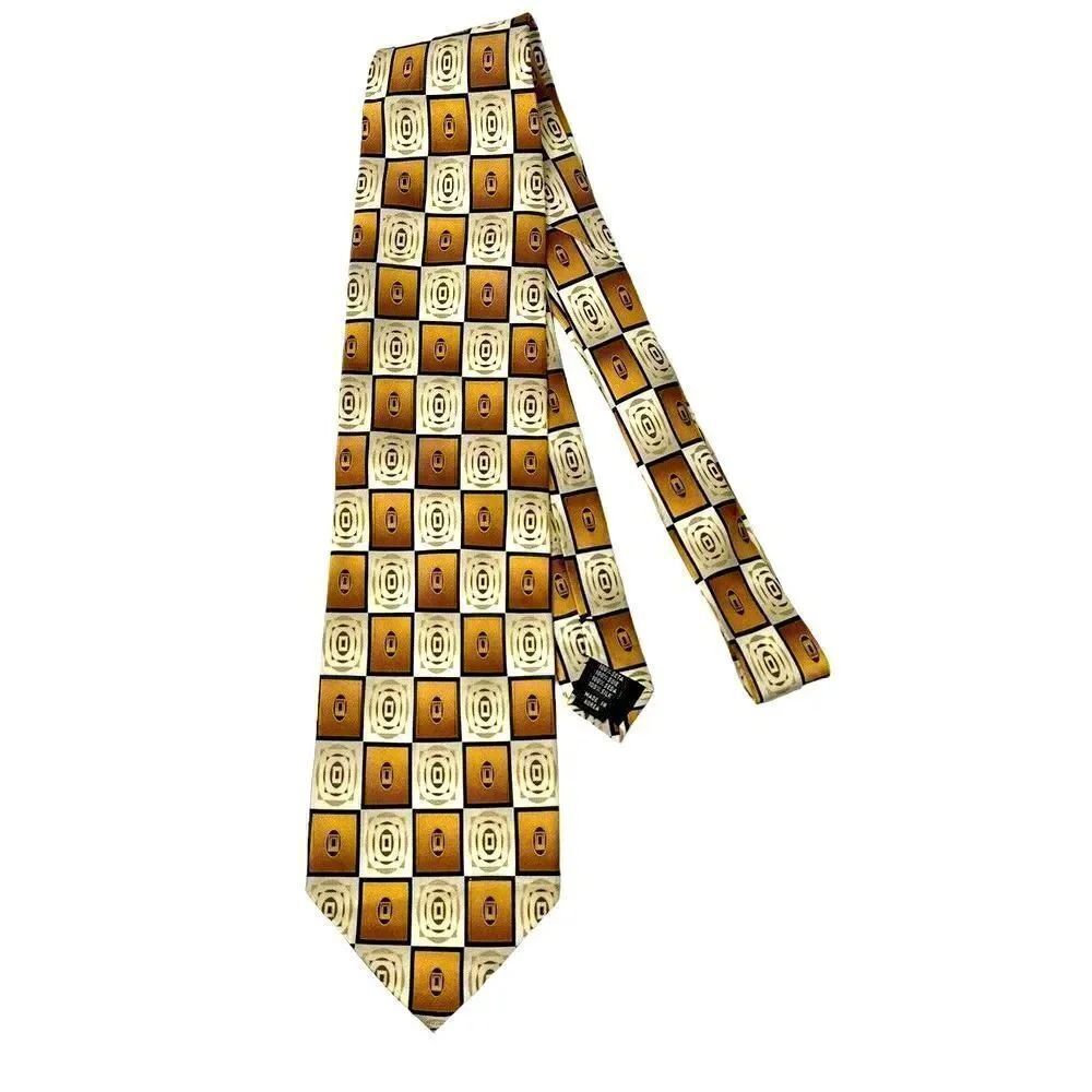 Bergamo New York 100% Silk Beige Gold Geometric Rectangle Blocks Necktie Tie